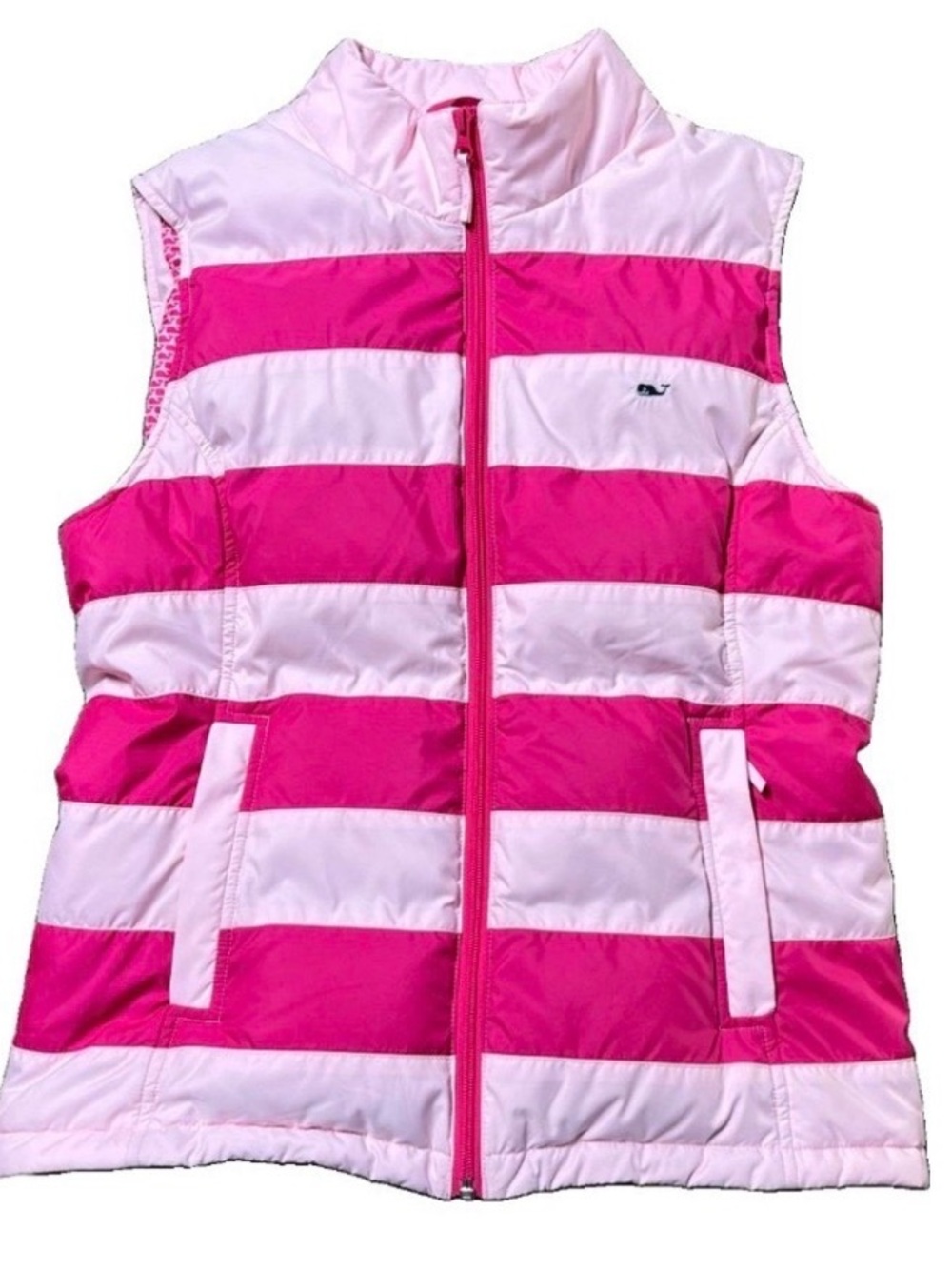 Vineyard Vines Women’s Puffer Vest Pink White Striped Whale Lined Size S